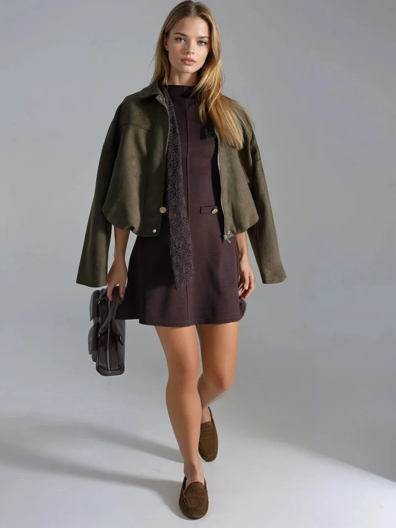Busem Coffee Brown BUSEM Mini Dress with Stand Collar and Pocket Detail for Women | Best Price UAE